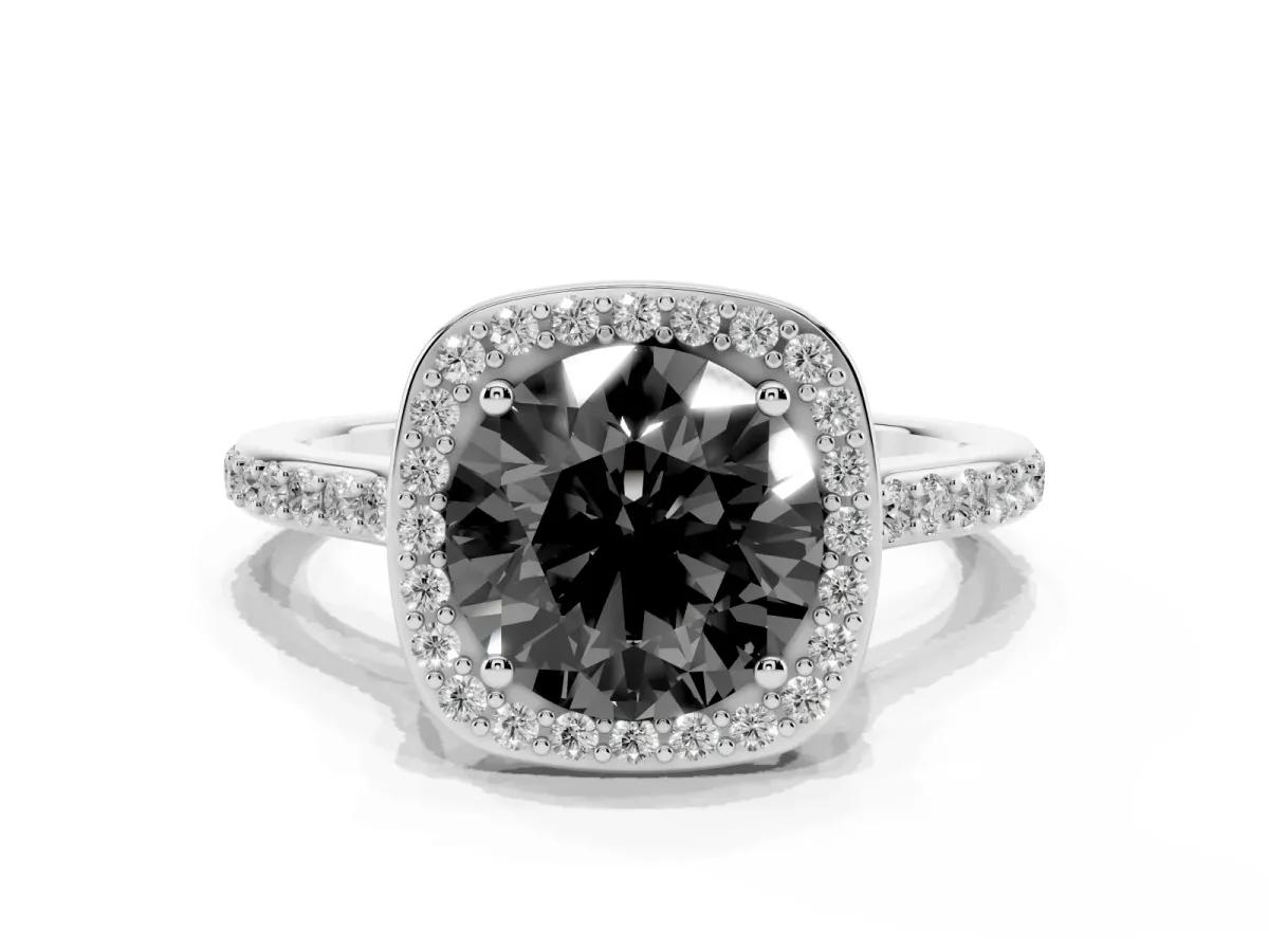Fancy Black Round Cut Diamond Halo Engagement Ring with Round Pavé Shoulders and Prong Setting Platinum