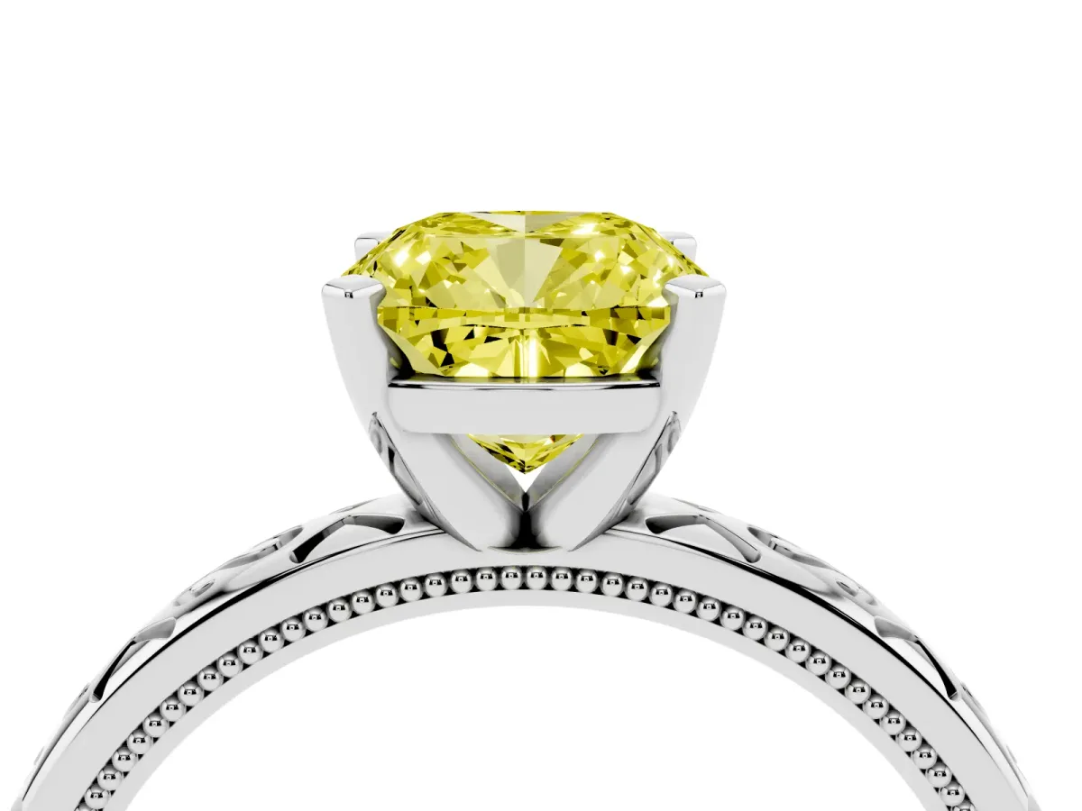Fancy Yellow Cushion Cut Solitaire Engagement Ring with Scrollwork Band and Four-Prong Setting White gold