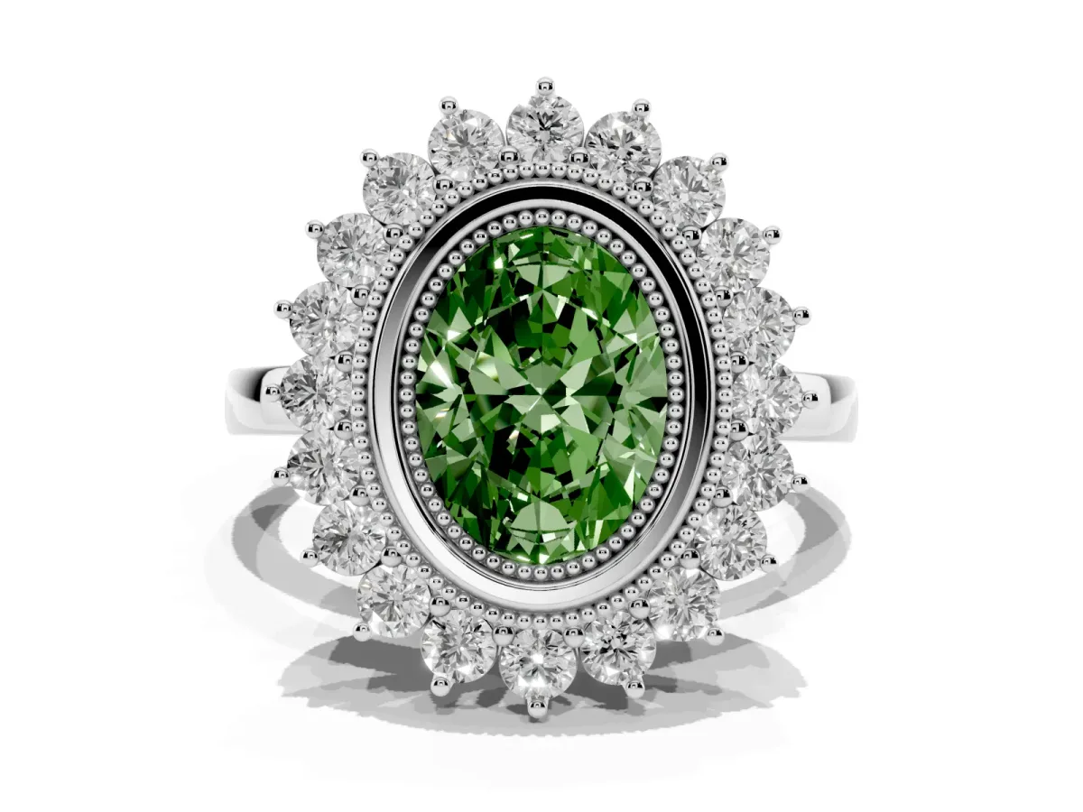 Fancy Green Oval Cut Halo Diamond Ring with Milgrain Edge and Round Prong Setting Silver