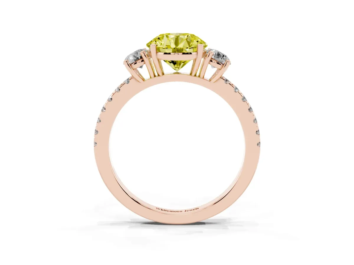 Fancy Yellow Three-Stone Round Cut Cut Diamond Pavé Band with Prong Setting Rose gold