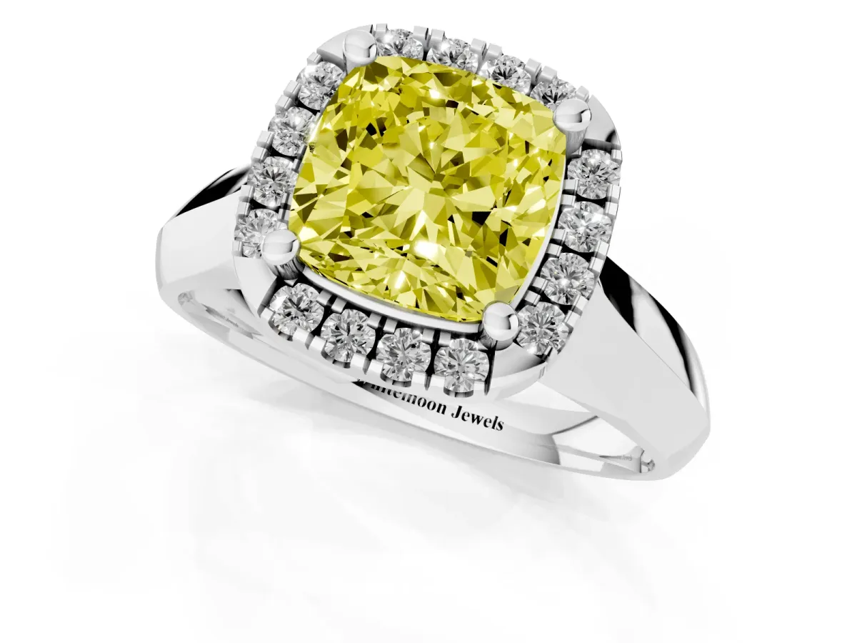 Fancy Yellow Cushion Cut Cut Halo Solitaire Engagement Ring with Square Band and Four-Prong Setting Platinum