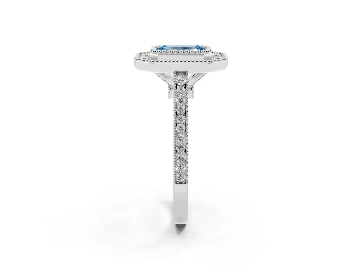Fancy Blue Emerald Cut Diamond Halo Ring with Milgrain Frame and Pavé Band Silver