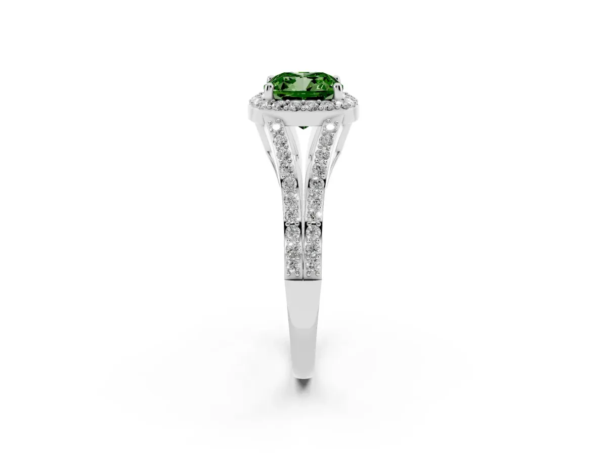 Fancy Green Cushion Cut Halo Split Shank Pave Diamond Ring with Four-Prong Setting Silver