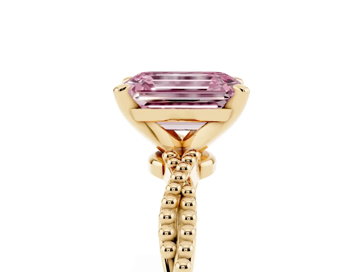 Fancy Pink Emerald Cut Solitaire Twisted Band with Bead Prong Setting Yellow gold