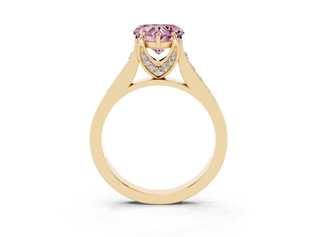 Fancy Pink Heart Cut Brilliant Cut Diamond Engagement Ring with Pavé Band and Four-Prong Setting Yellow gold