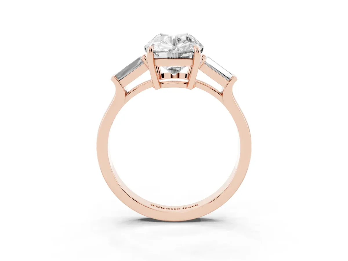 Old Mine Elongated Cushion Diamond with Side Tapered Baguette Three Stone Ring Rose gold