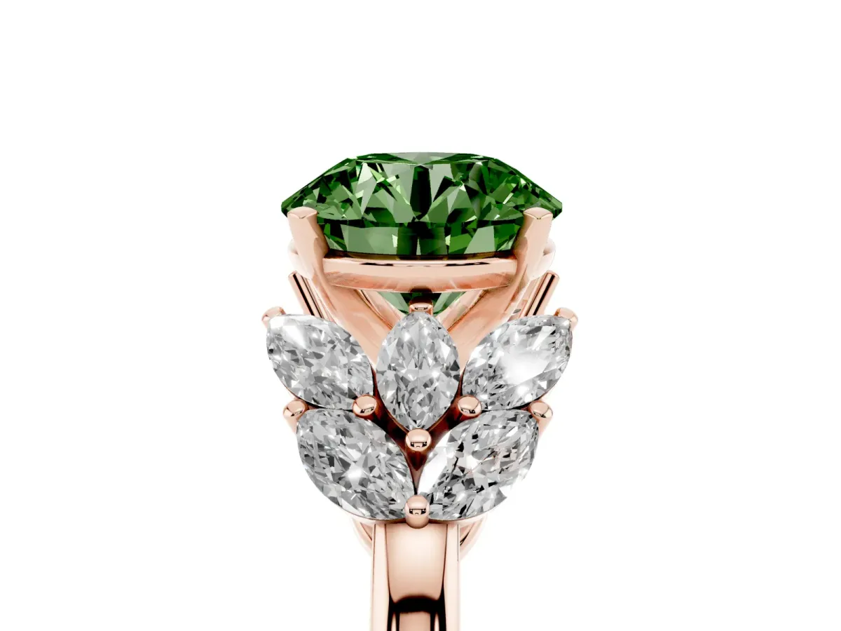 Fancy Green Round Cut Diamond Cluster Leaf Design Ring with Prong Setting Rose gold