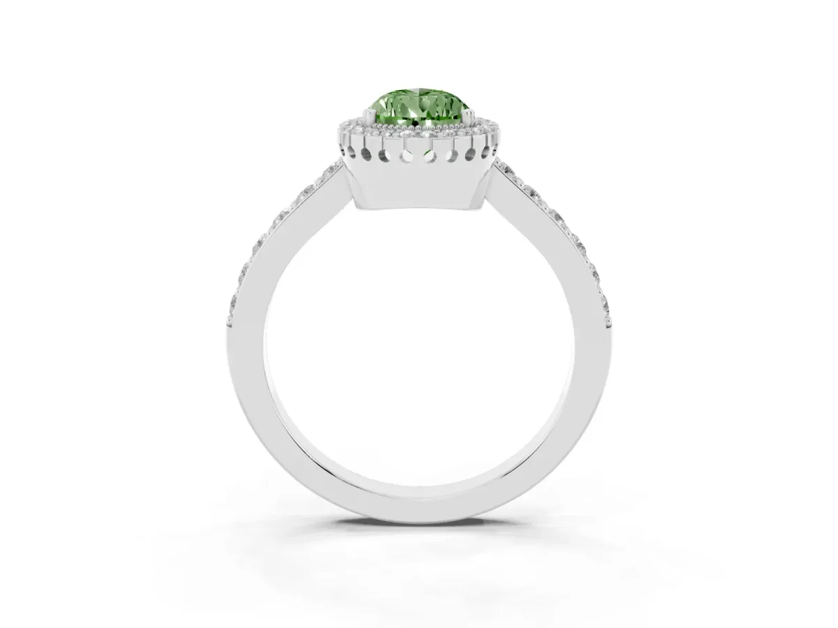 Fancy Green Pear Cut Cut Diamond Halo Engagement Ring with Milgrain Detail and Pavé Band Silver
