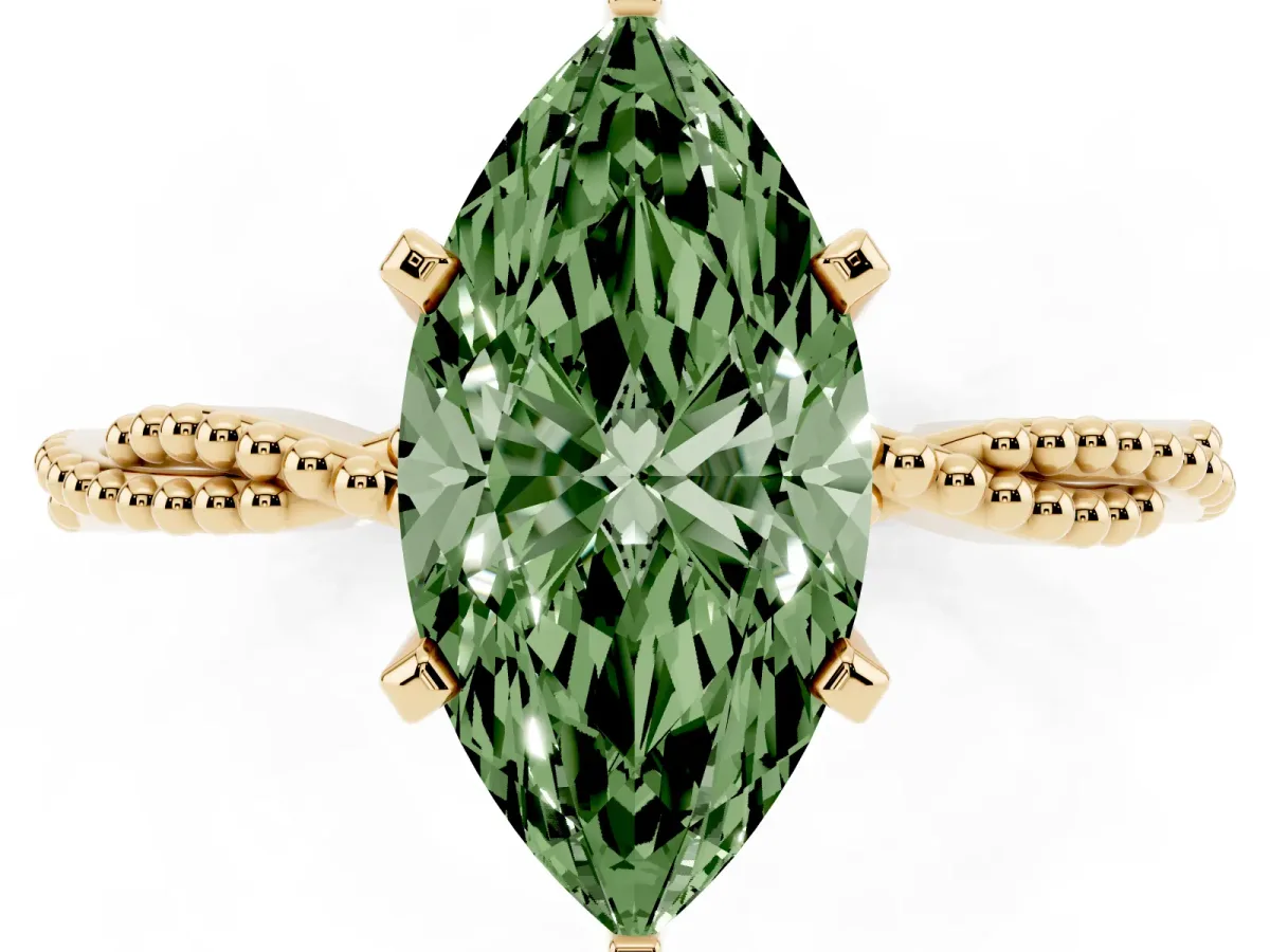 Fancy Green Marquise Cut Solitaire Twisted Band with Bead Prong Setting Yellow gold