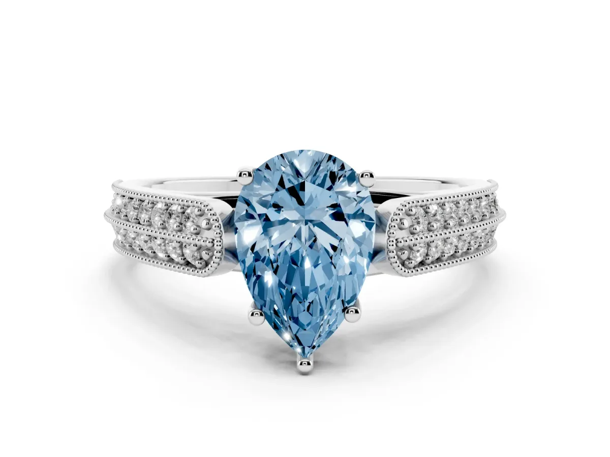 Fancy Blue Pear Cut Cut Pave Split Shank Engagement Ring with Four-Prong Setting White gold