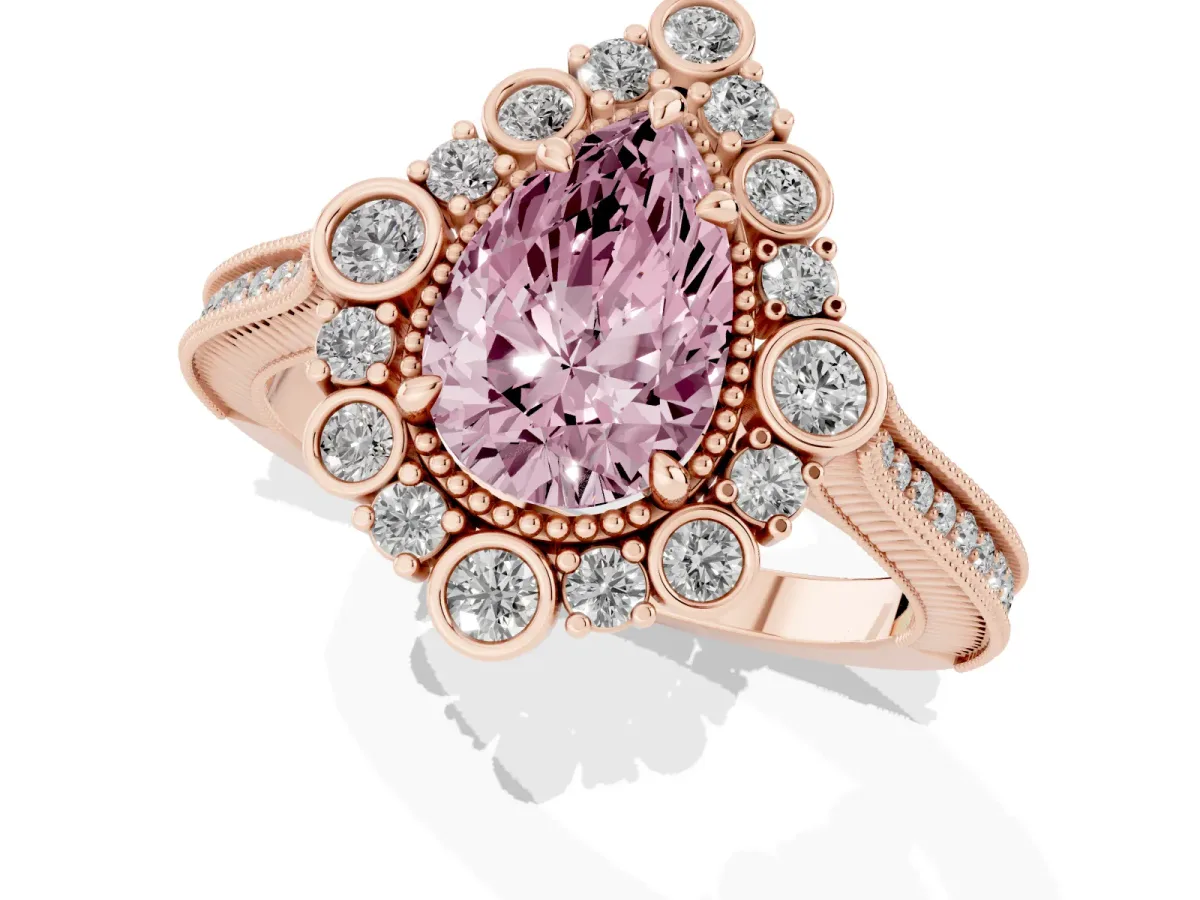 Fancy Pink Pear Cut Halo Milgrain Pave Diamond Ring with Four-Prong Setting Rose gold