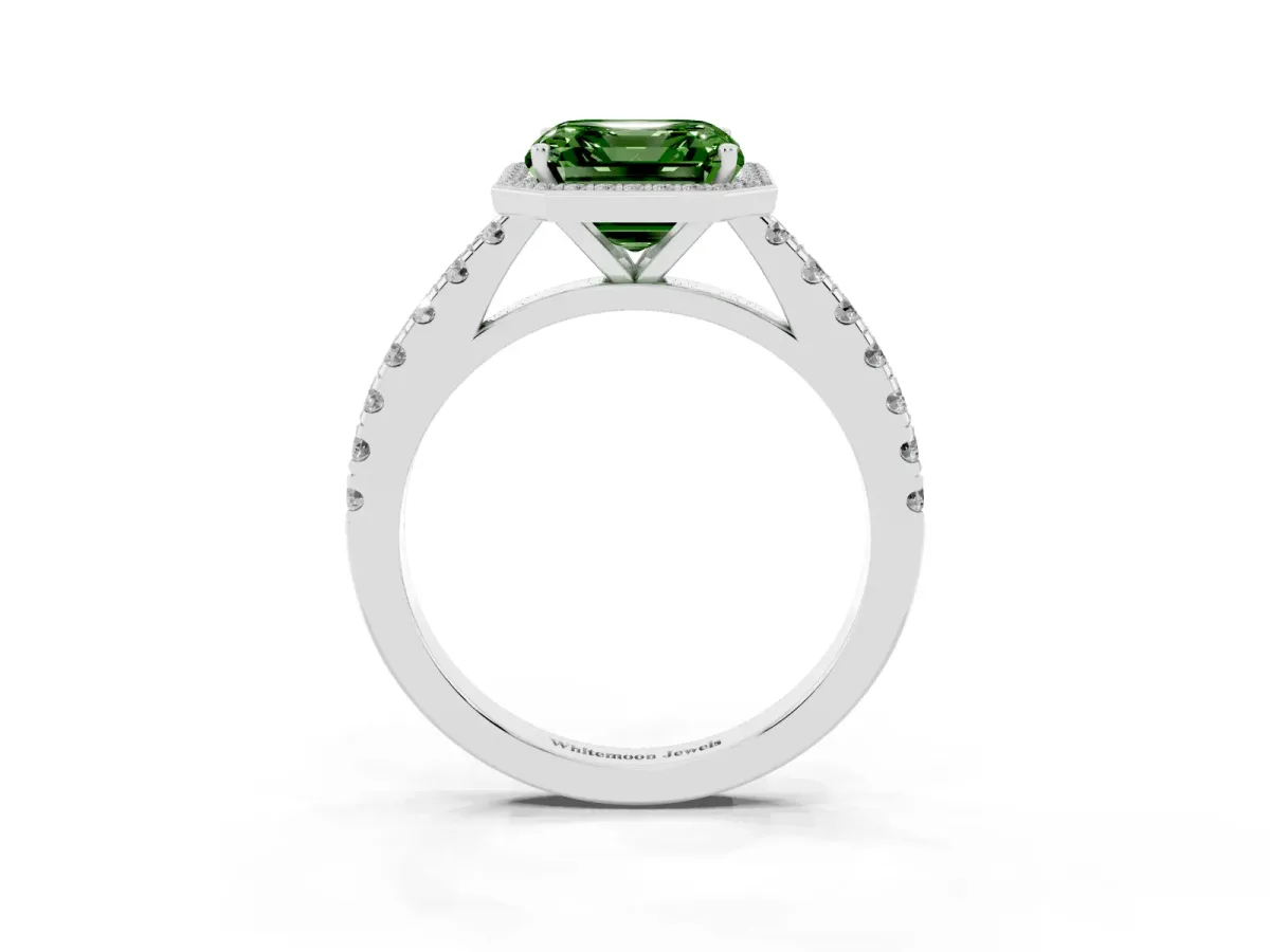 Fancy Green Asscher Cut Cut Halo Diamond Engagement Ring with Pave Band and Four-Prong Setting White gold