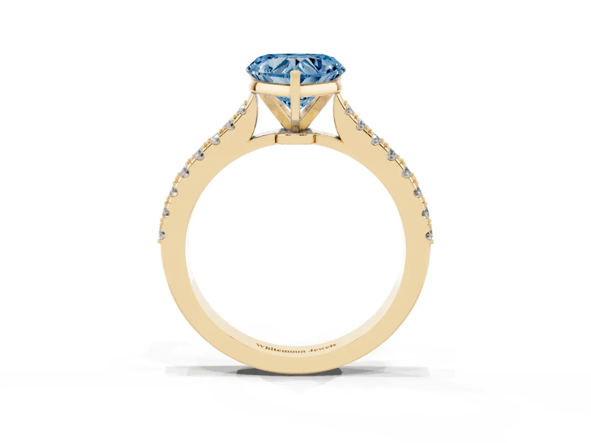 Fancy Blue Heart Cut Cut Solitaire Diamond Engagement Ring with Pave Band and Four-Prong Setting Yellow gold