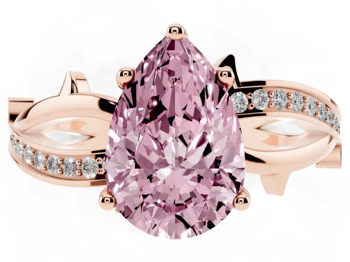 Fancy Pink Pear Cut Solitaire Twist Band with Pavé Accents and Four-Prong Setting Rose gold