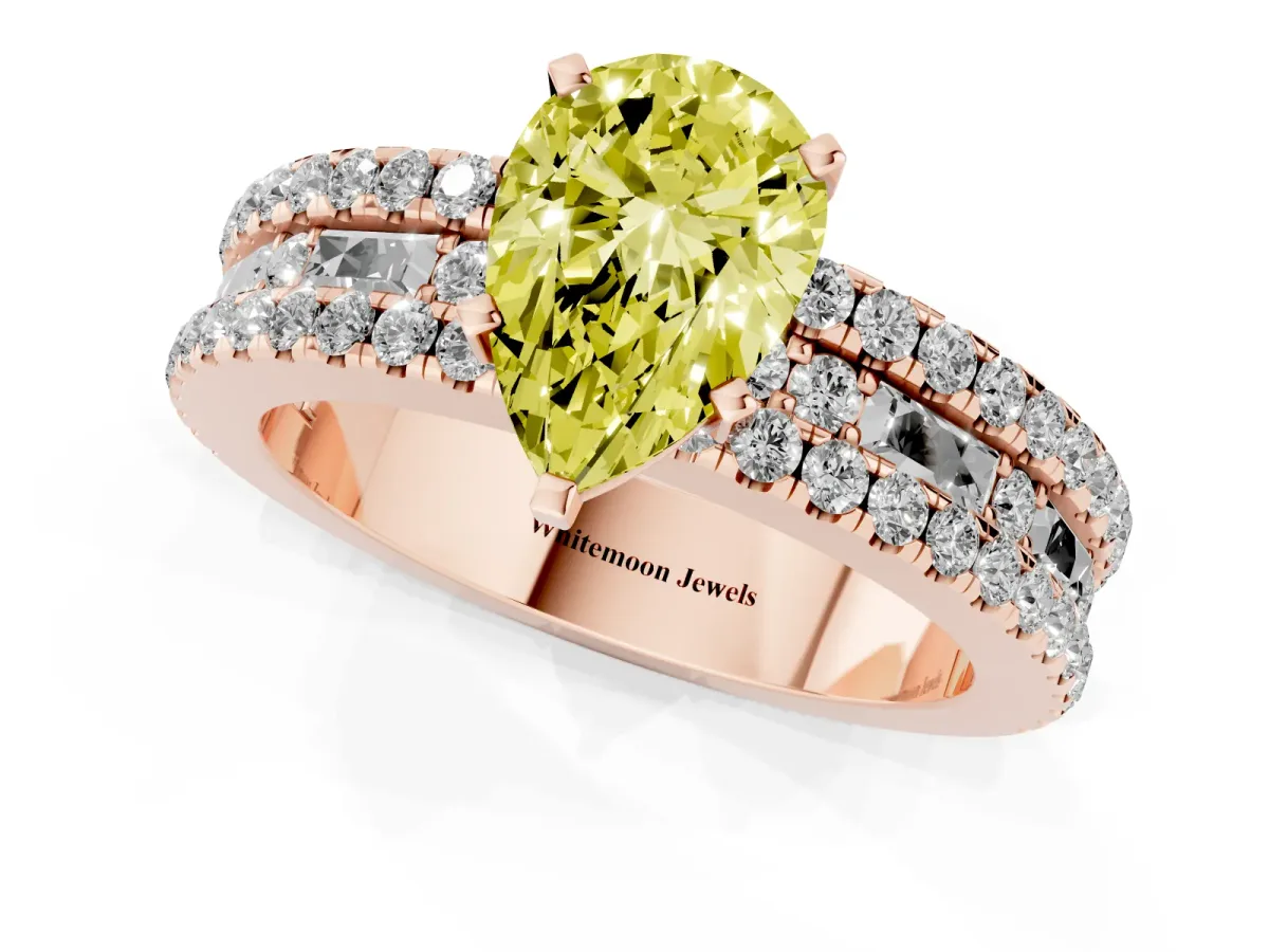 Fancy Yellow Pear Cut Diamond Solitaire Ring with Pavé and Channel Set Band Rose gold