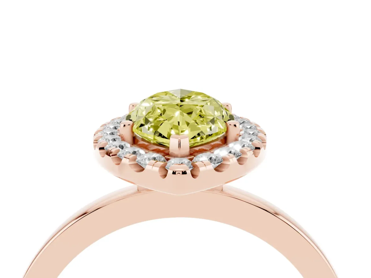Fancy Yellow Marquise Cut Halo Diamond Solitaire with Pavé Band and Four-Prong Setting Rose gold