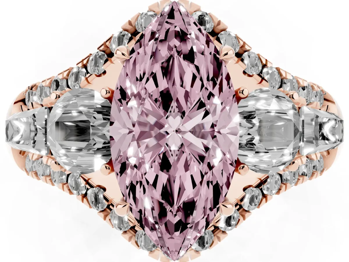 Fancy Pink Three-Stone Marquise Cut Diamond Engagement Ring with Pave Band and Prong Setting Rose gold