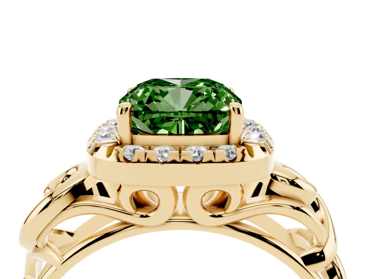 Fancy Green Cushion Cut Cut Halo Diamond Ring with Scrollwork Band and Four-Prong Setting Yellow gold