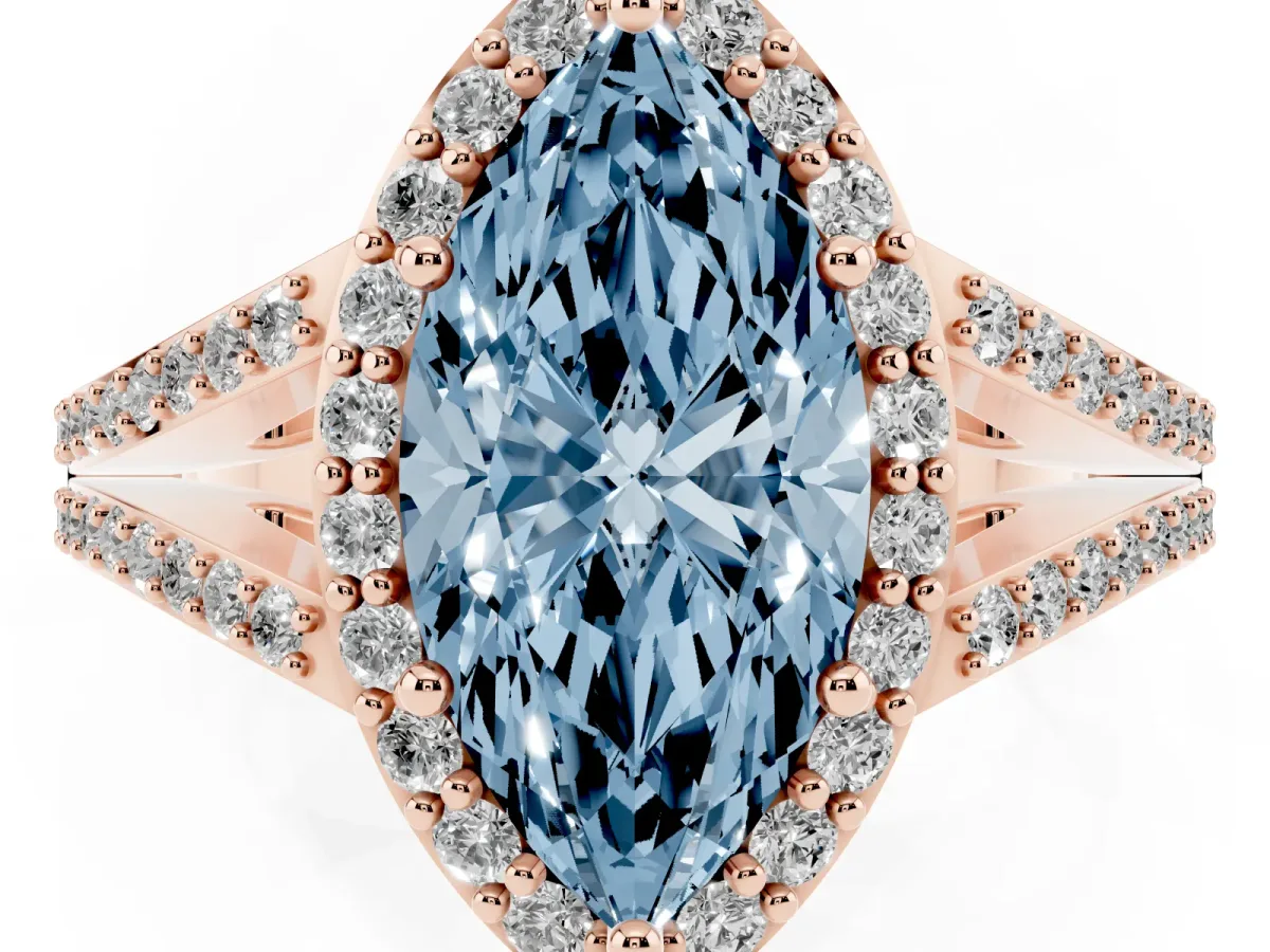 Fancy Blue Marquise Cut Halo Split Shank Diamond Ring with Prong Setting Rose gold