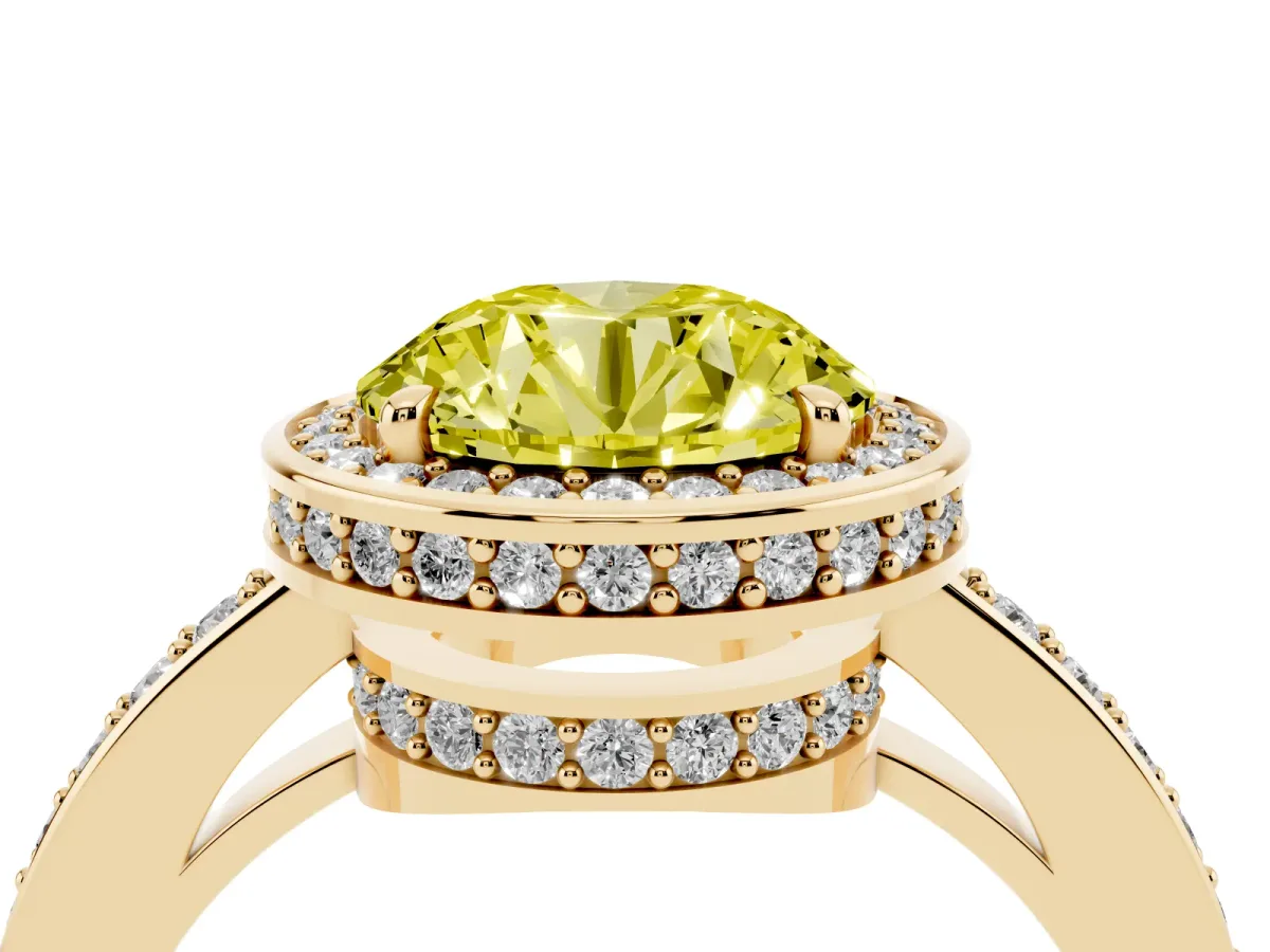Fancy Yellow Round Cut Halo Pave Band Solitaire Ring with Prong Setting Yellow gold