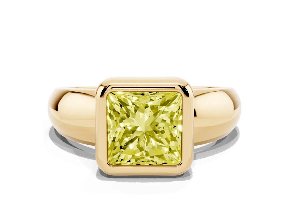 Fancy Yellow Bezel Set Princess Cut Solitaire Ring with Wide Band Yellow gold