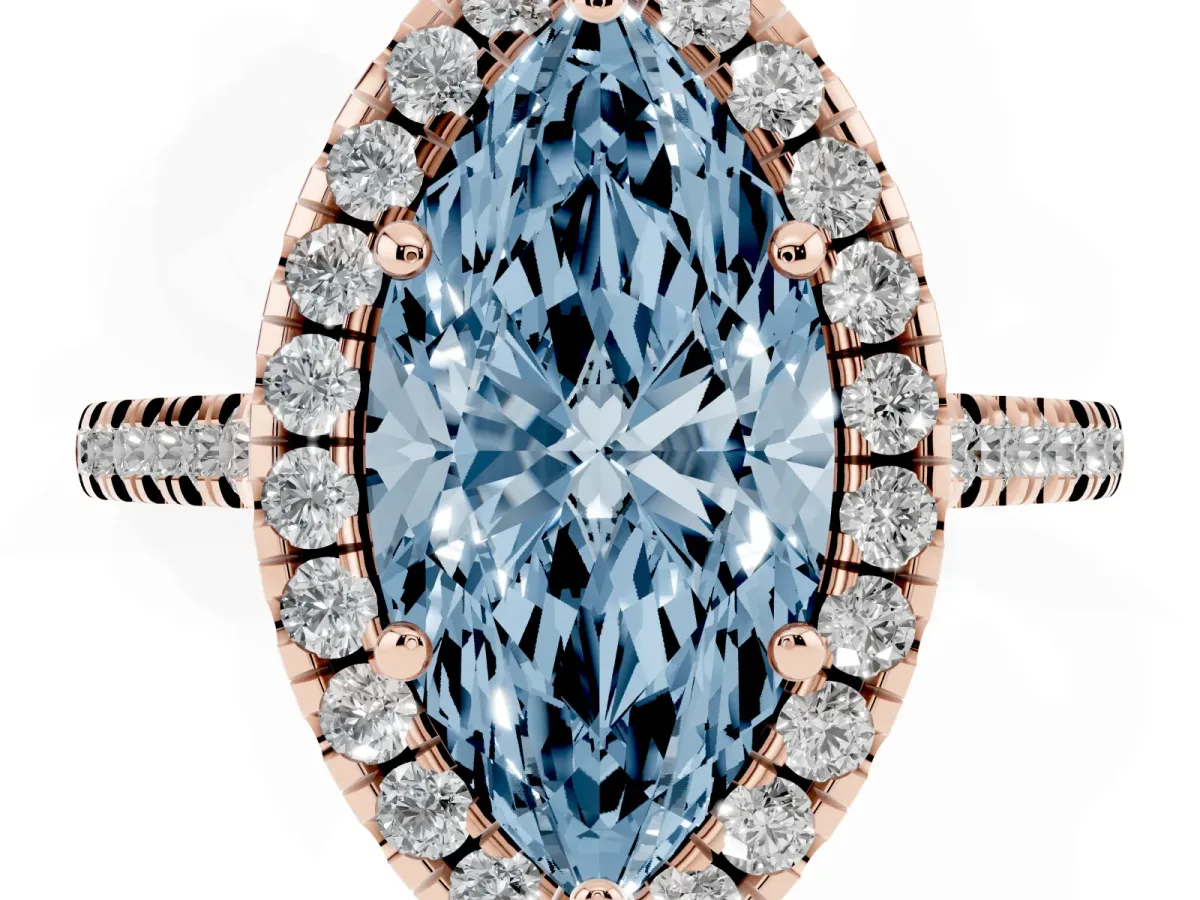 Fancy Blue Marquise Cut Diamond Cushion Halo Ring with Pavé Band Rose gold
