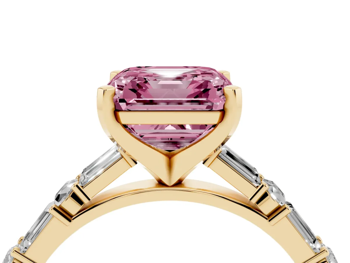 Fancy Pink Asscher Cut Diamond Solitaire with Side Baguettes and Channel Set Band Yellow gold