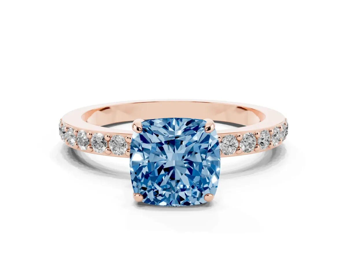 Fancy Blue Cushion Cut Diamond Solitaire Engagement Ring with Pavé Band and Four-Prong Setting Rose gold
