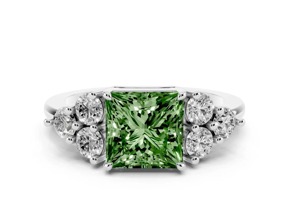 Fancy Green Princess Cut Brilliant Diamond Cluster Accent Solitaire Ring with Prong Setting Platinum