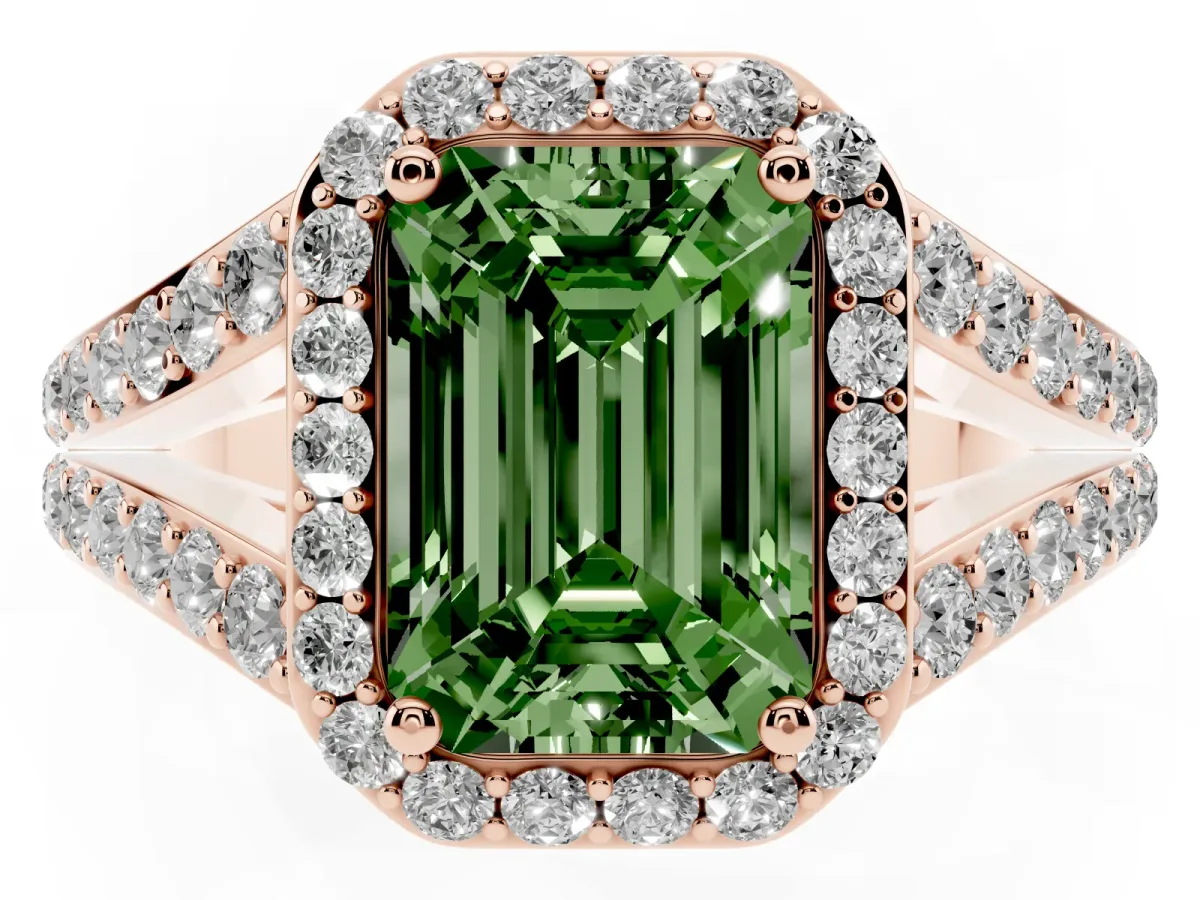 Fancy Green Emerald Cut Diamond Split Shank Halo Ring with Four-Prong Setting Rose gold