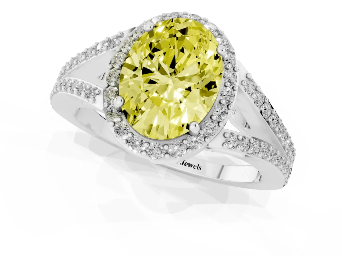 Fancy Yellow Oval Cut Halo Split Shank Pave Diamond Ring with Four-Prong Setting Platinum