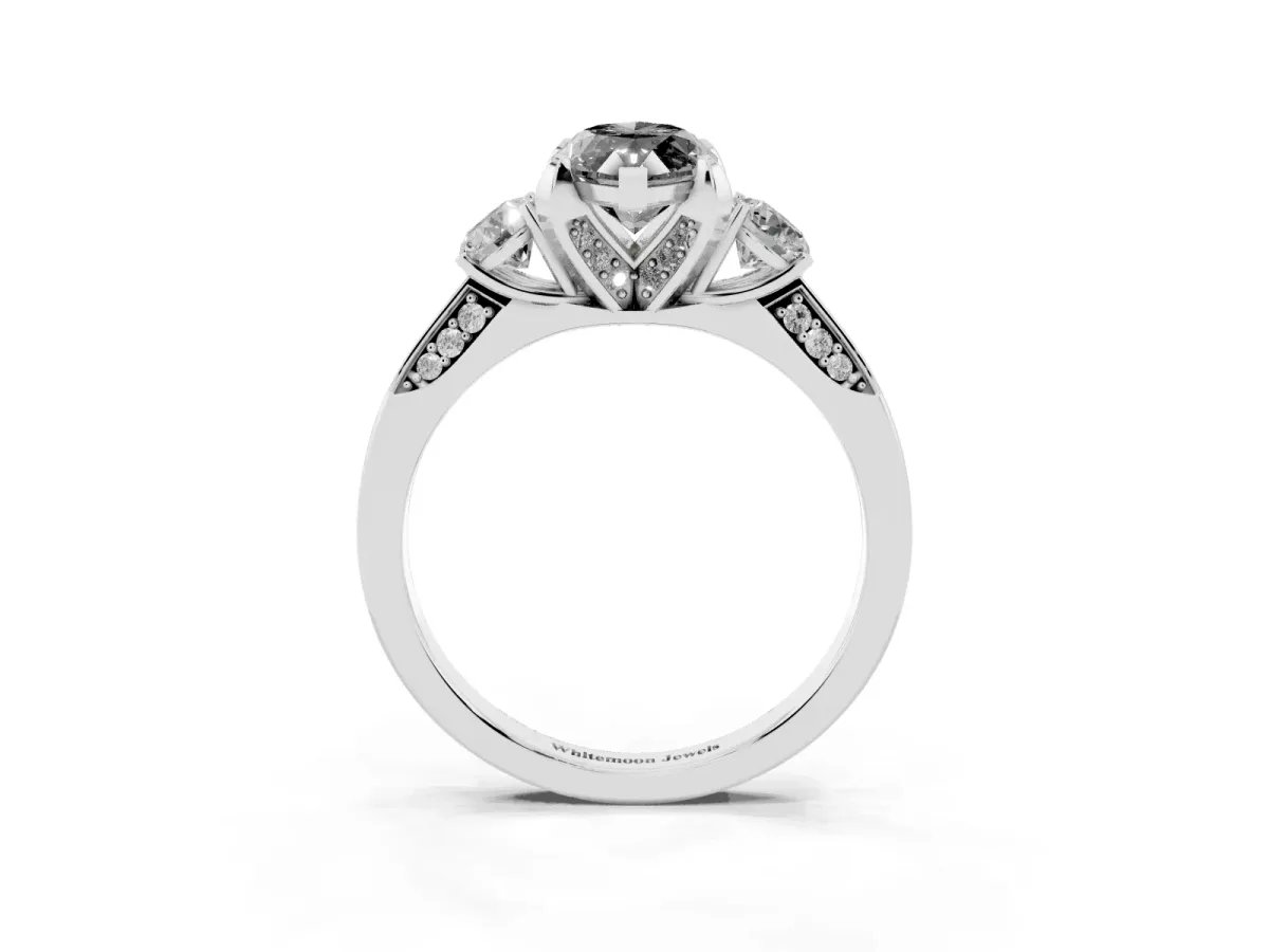 Fancy Black Marquise Cut Brilliant Three-Stone Diamond Ring with Pavé Band and Four-Prong Setting Platinum