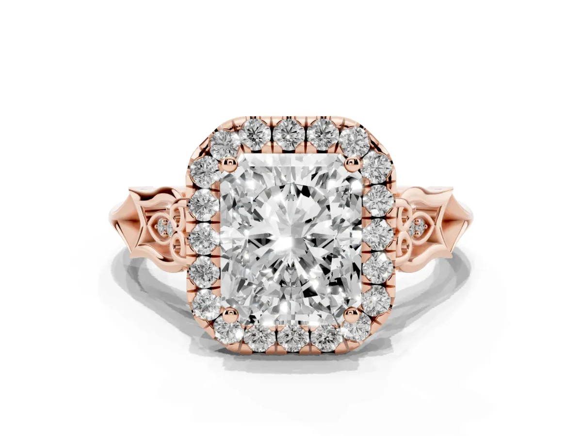 Radiant Cut Halo Diamond Engagement Ring with Filigree Band and Four-Prong Setting Rose gold