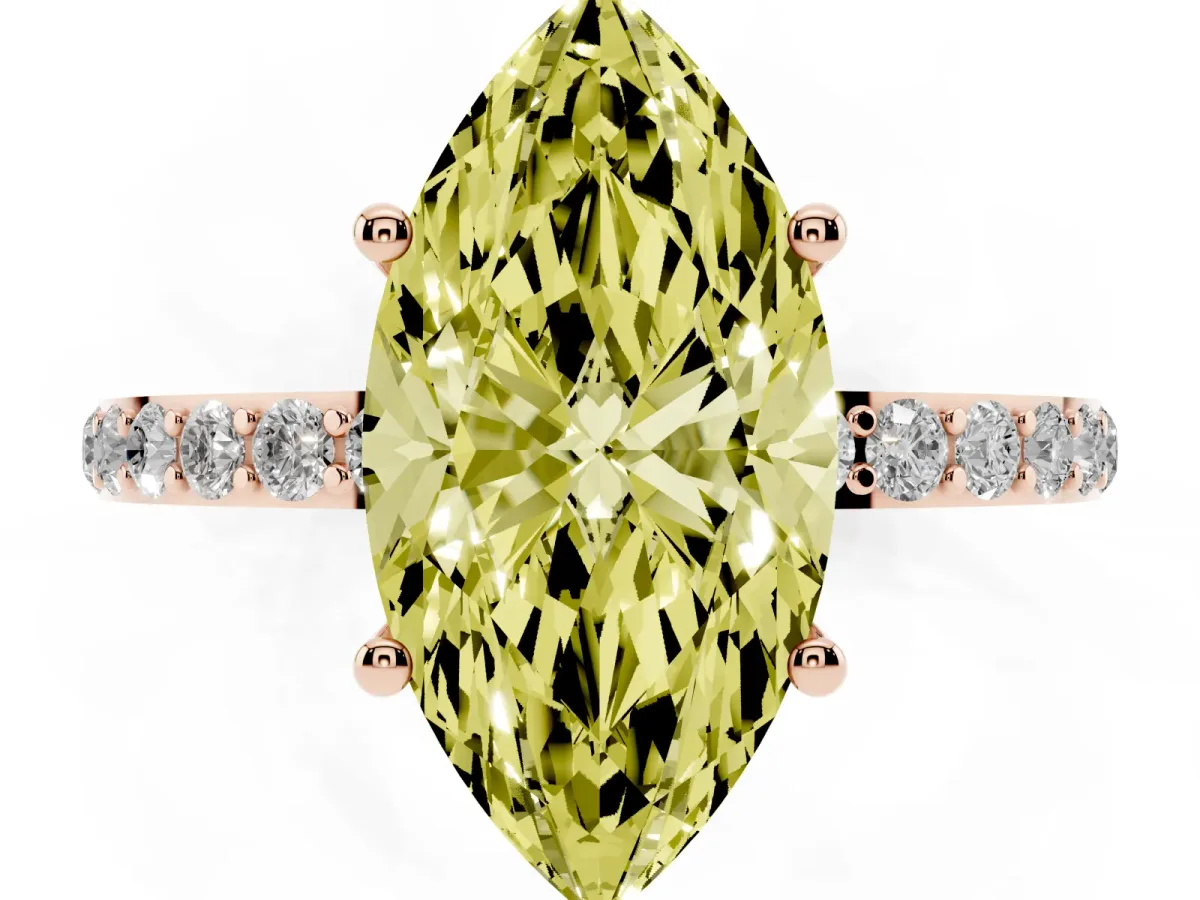 Fancy Yellow Marquise Cut Diamond Solitaire Ring with Round Pavé Shoulders and Prong Setting Rose gold
