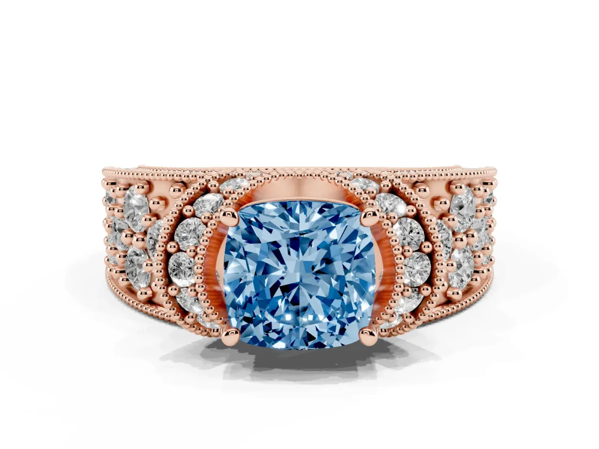 Fancy Blue Cushion Cut Halo Pave Diamond Engagement Ring with Milgrain Detailing Rose gold