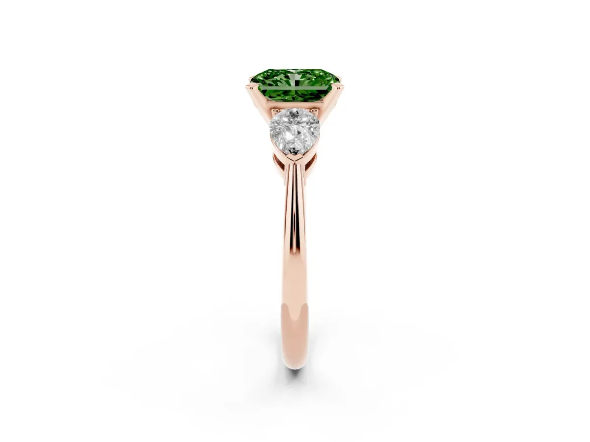 Fancy Green Three-Stone Radiant Cut Diamond Ring with Pear Side Stones and Four-Prong Setting Rose gold
