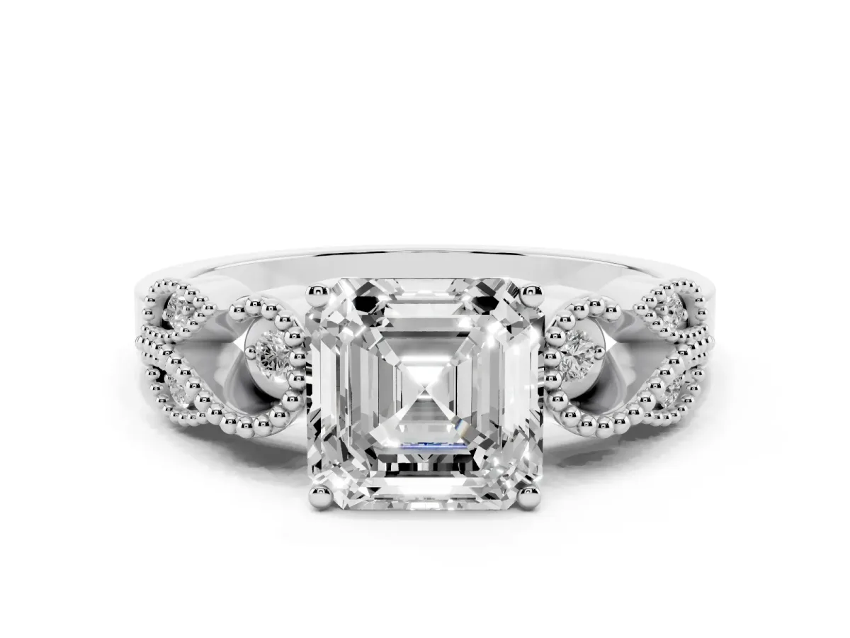 Asscher Cut Solitaire Milgrain Leaf Band with Prong Setting White gold