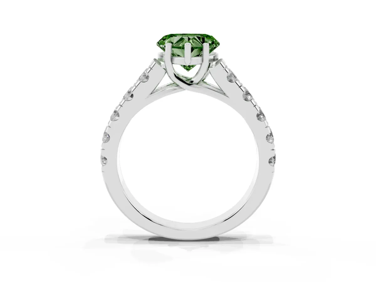 Fancy Green Heart Cut Cut Diamond Solitaire Ring with Micro Pave Band and Prong Setting Silver