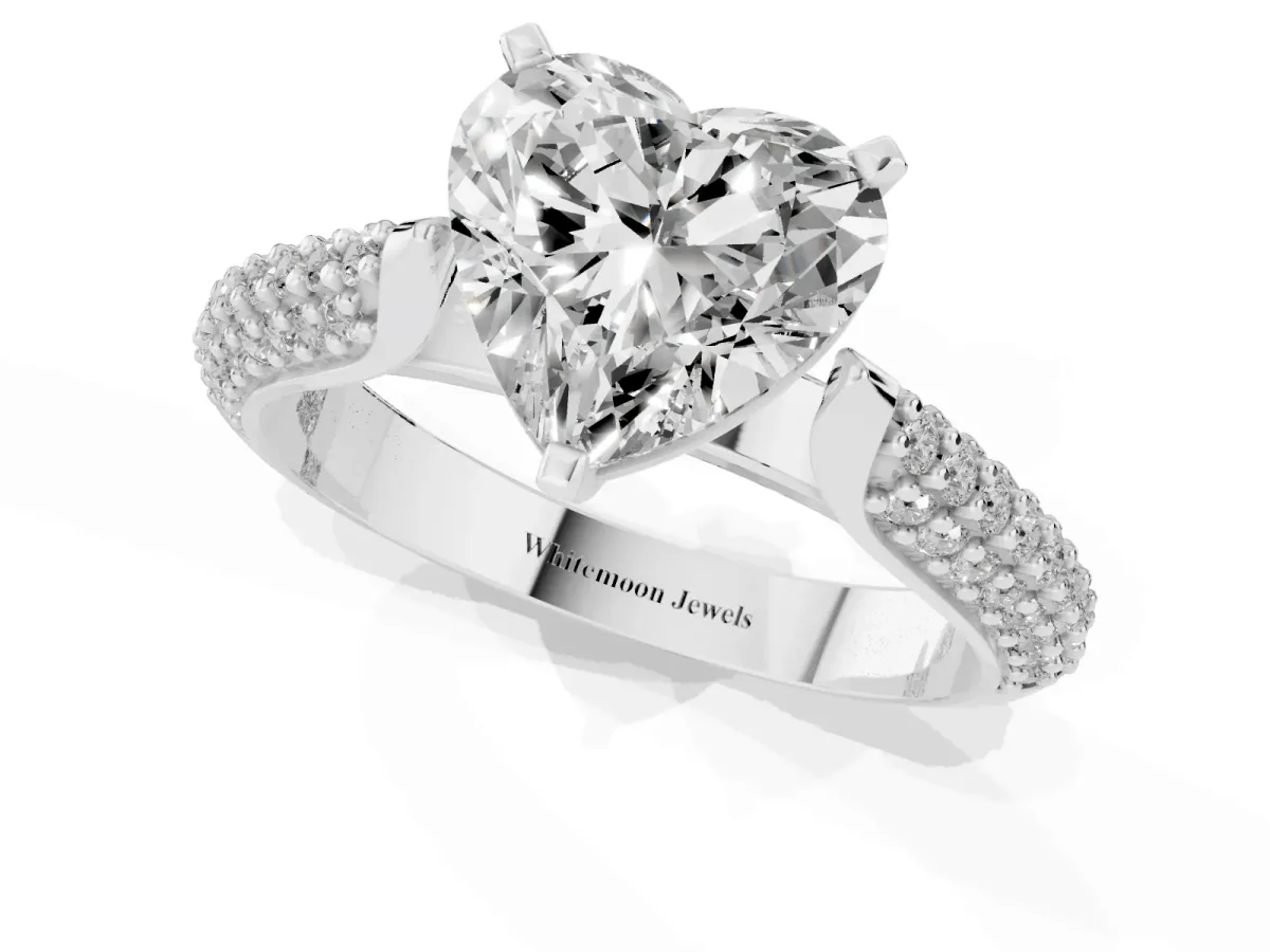 Heart Cut Diamond Solitaire Engagement Ring with Multi-Row Round Pavé Band and Prong Setting White gold