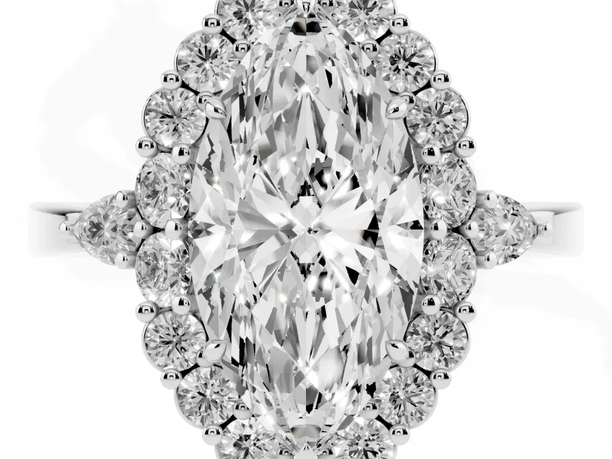 Marquise Cut Diamond Halo Ring with Pear Side Stones and Prong Setting Silver