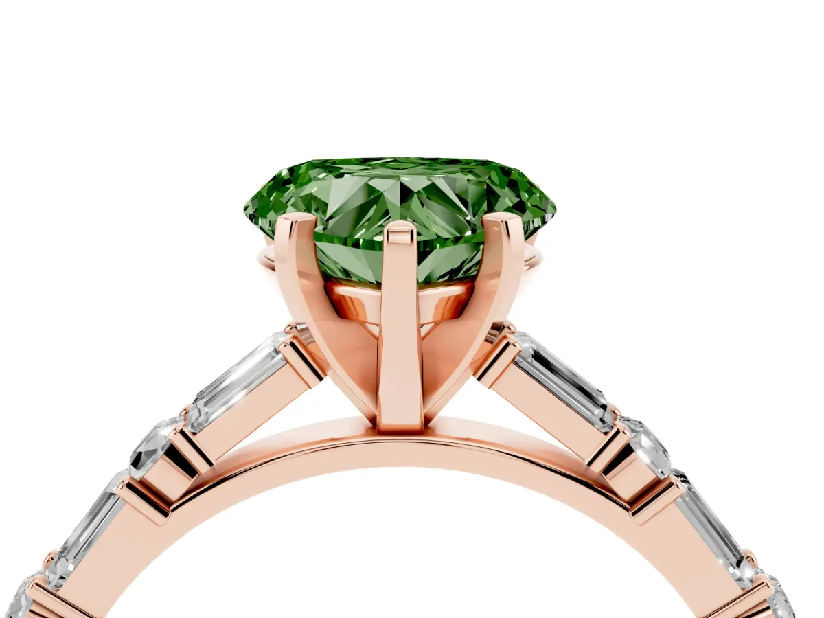 Fancy Green Heart Cut Diamond Solitaire with Side Baguettes and Channel Set Band Rose gold