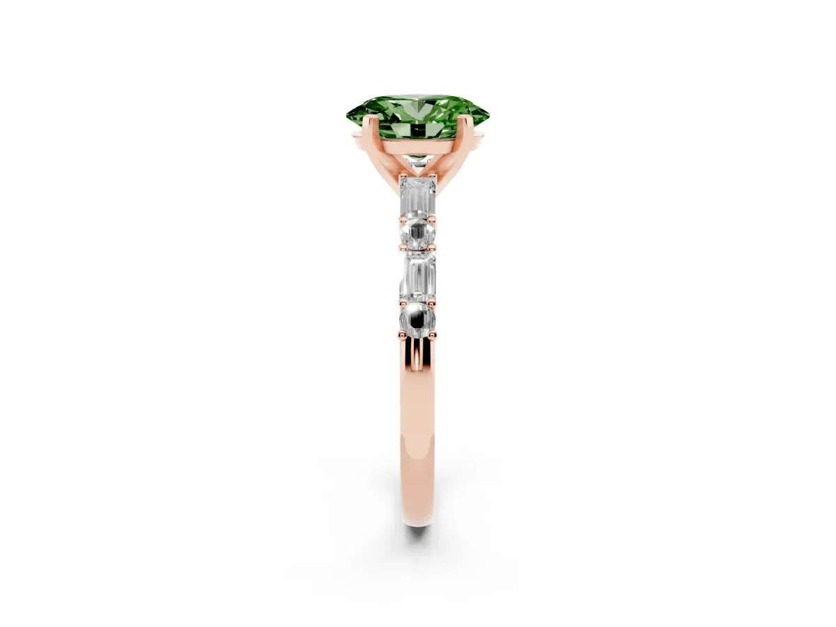 Fancy Green Oval Cut Diamond Solitaire with Side Baguettes and Channel Set Band Rose gold