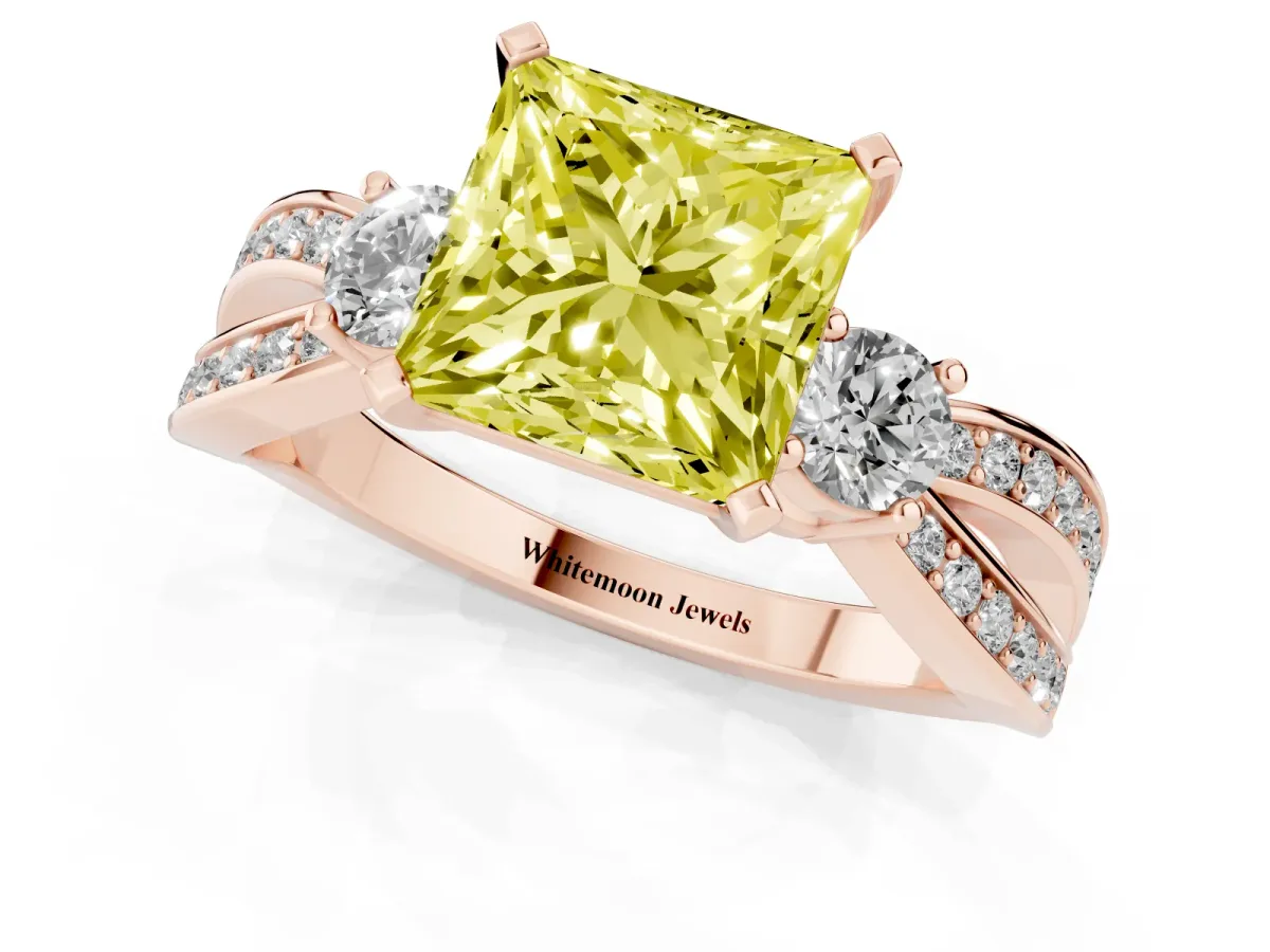 Fancy Yellow Three-Stone Princess Cut Cut Diamond Twist Band with Prong Setting Rose gold