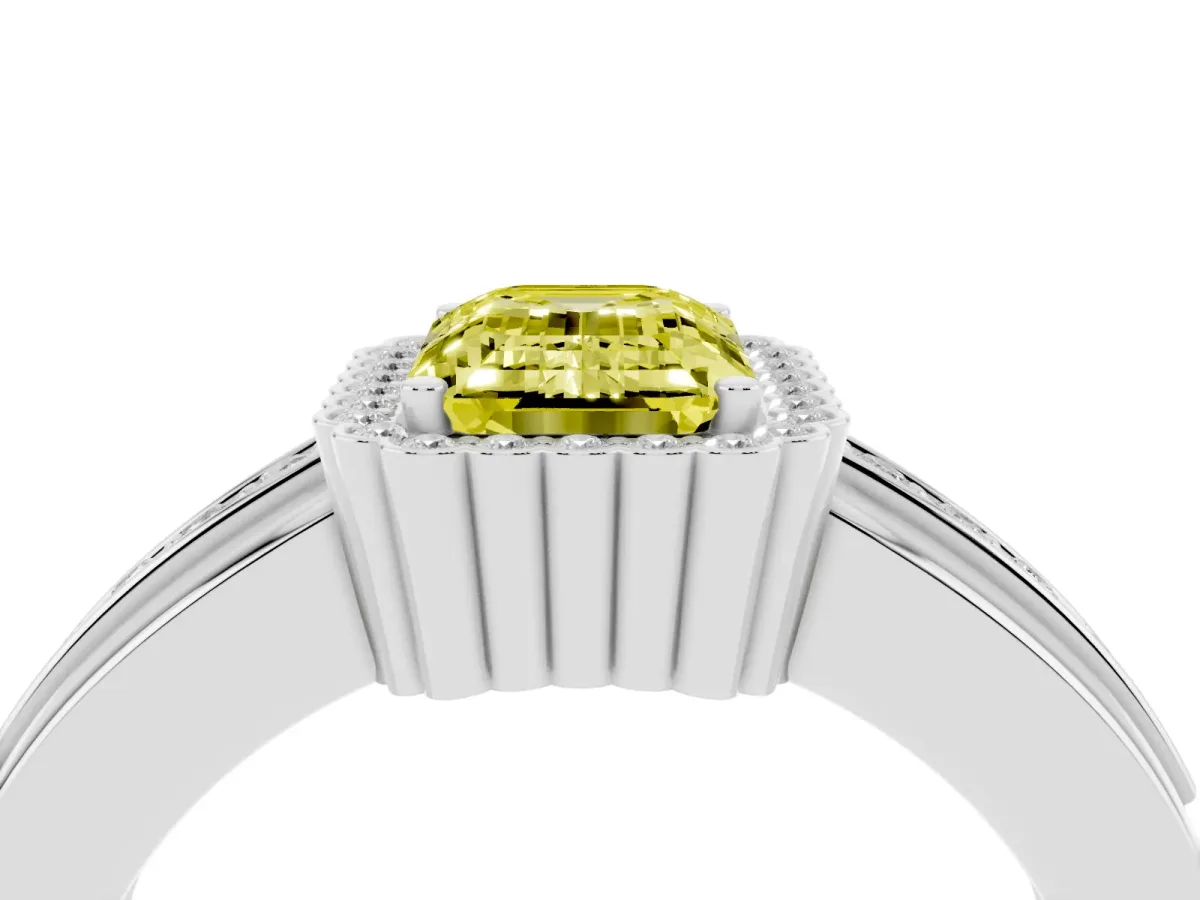 Fancy Yellow Emerald Cut Cut Halo Pave Band Four-Prong Ring Silver