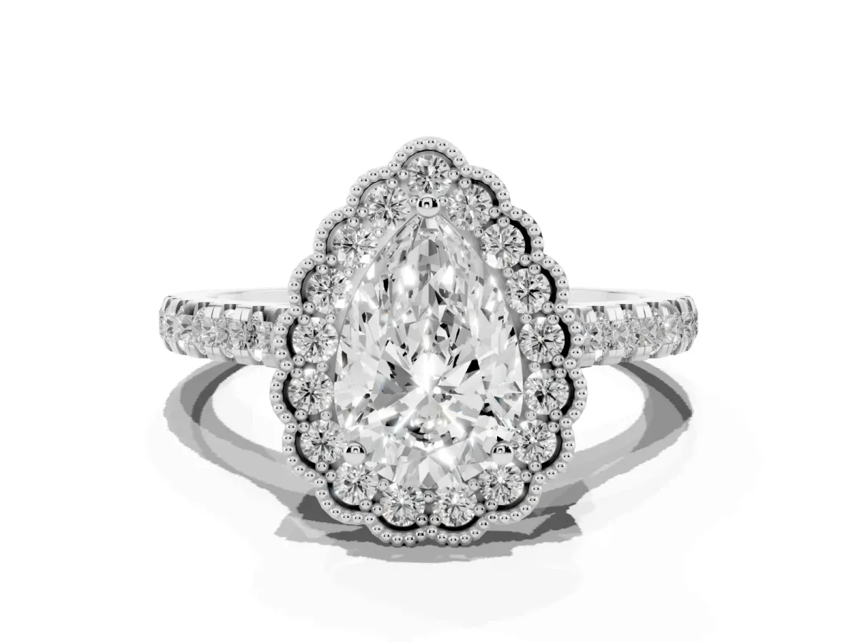 Pear Cut Cut Diamond Milgrain Floral Halo Engagement Ring with Pavé Band Silver