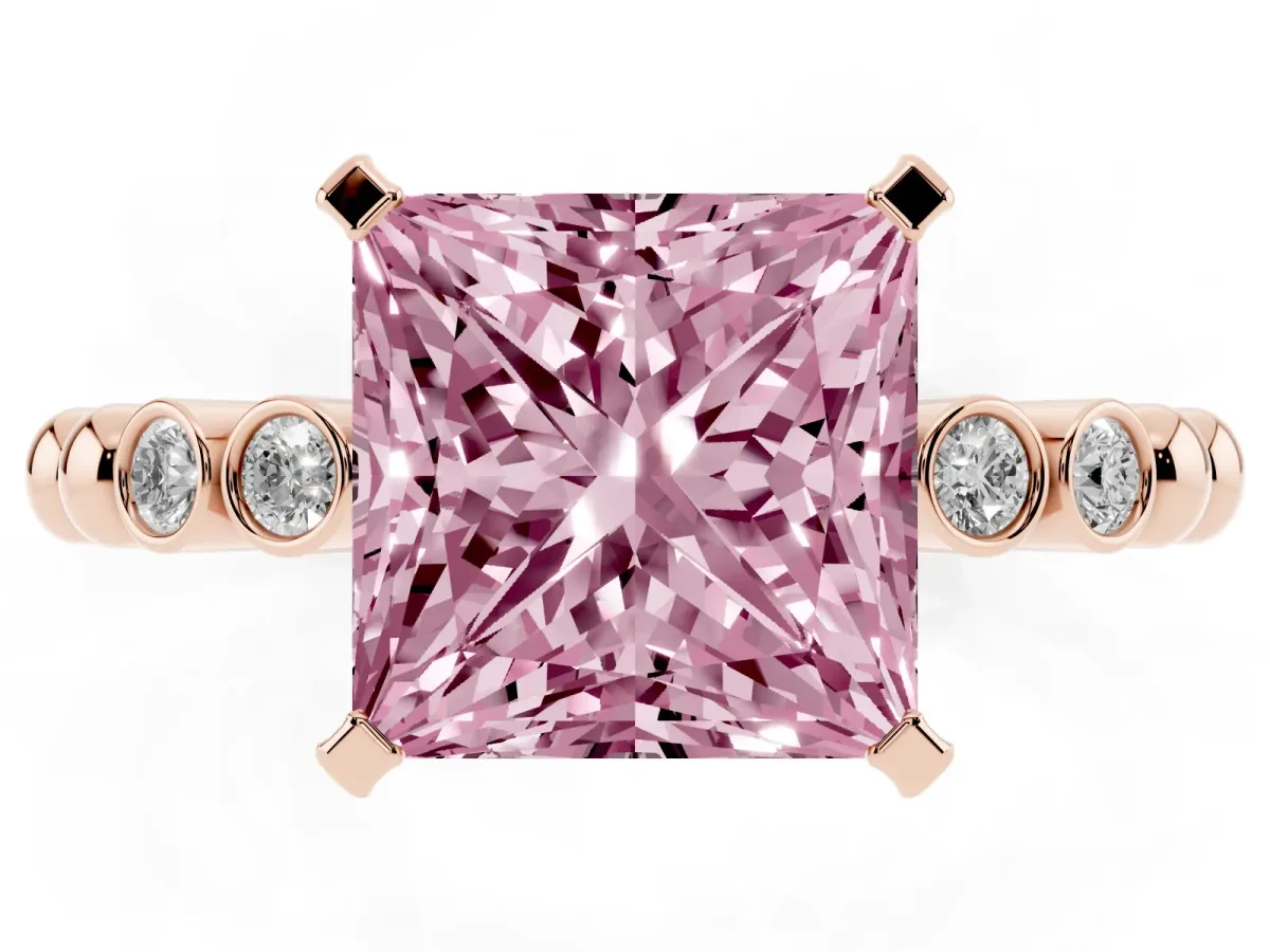 Fancy Pink Princess Cut Solitaire Bezel Accent Diamond Engagement Ring with Beaded Band and Four-Prong Setting Rose gold