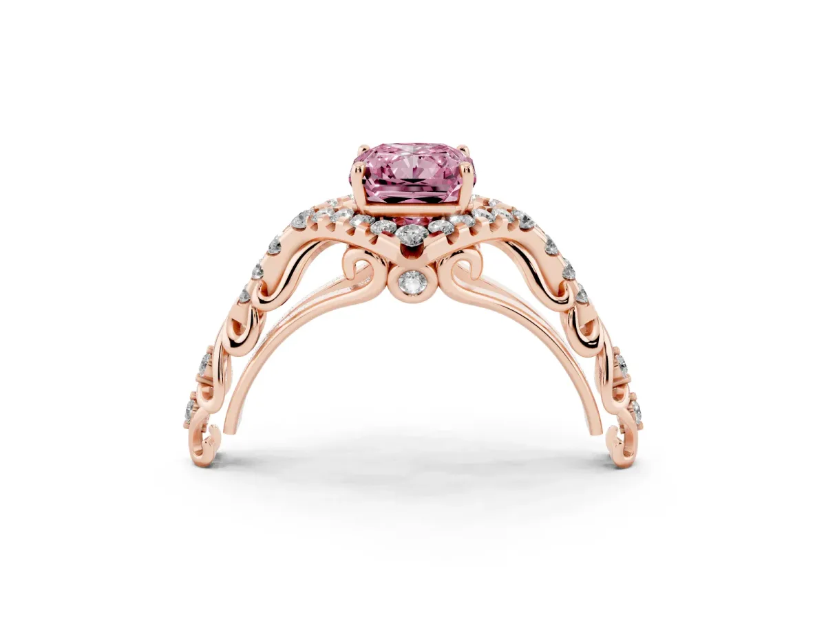 Fancy Pink Radiant Cut Diamond Solitaire Ring with Hidden Halo and Pavé Band Rose gold