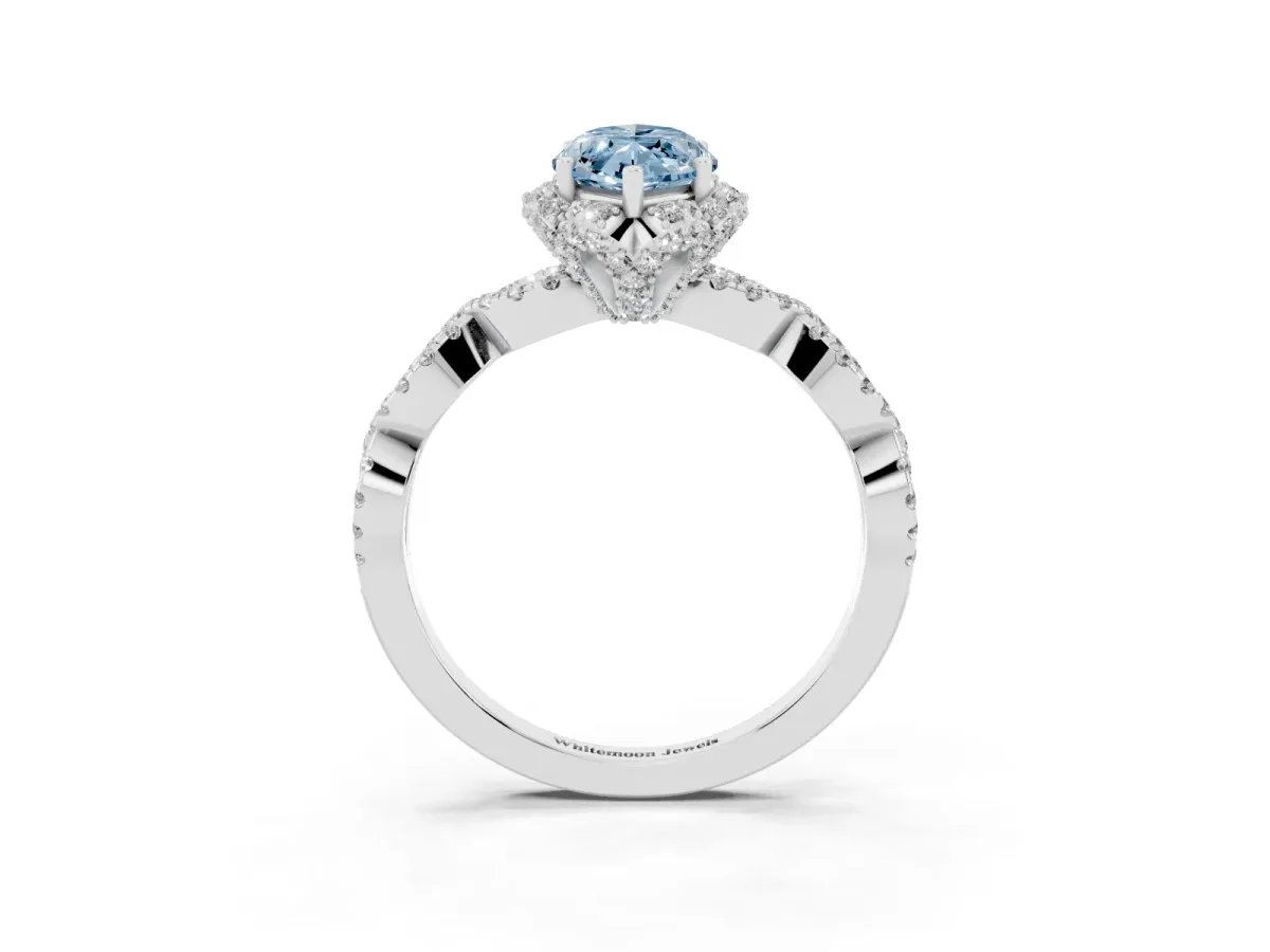 Fancy Blue Marquise Cut Halo Twist Band Solitaire Ring with Six-Prong Setting Silver