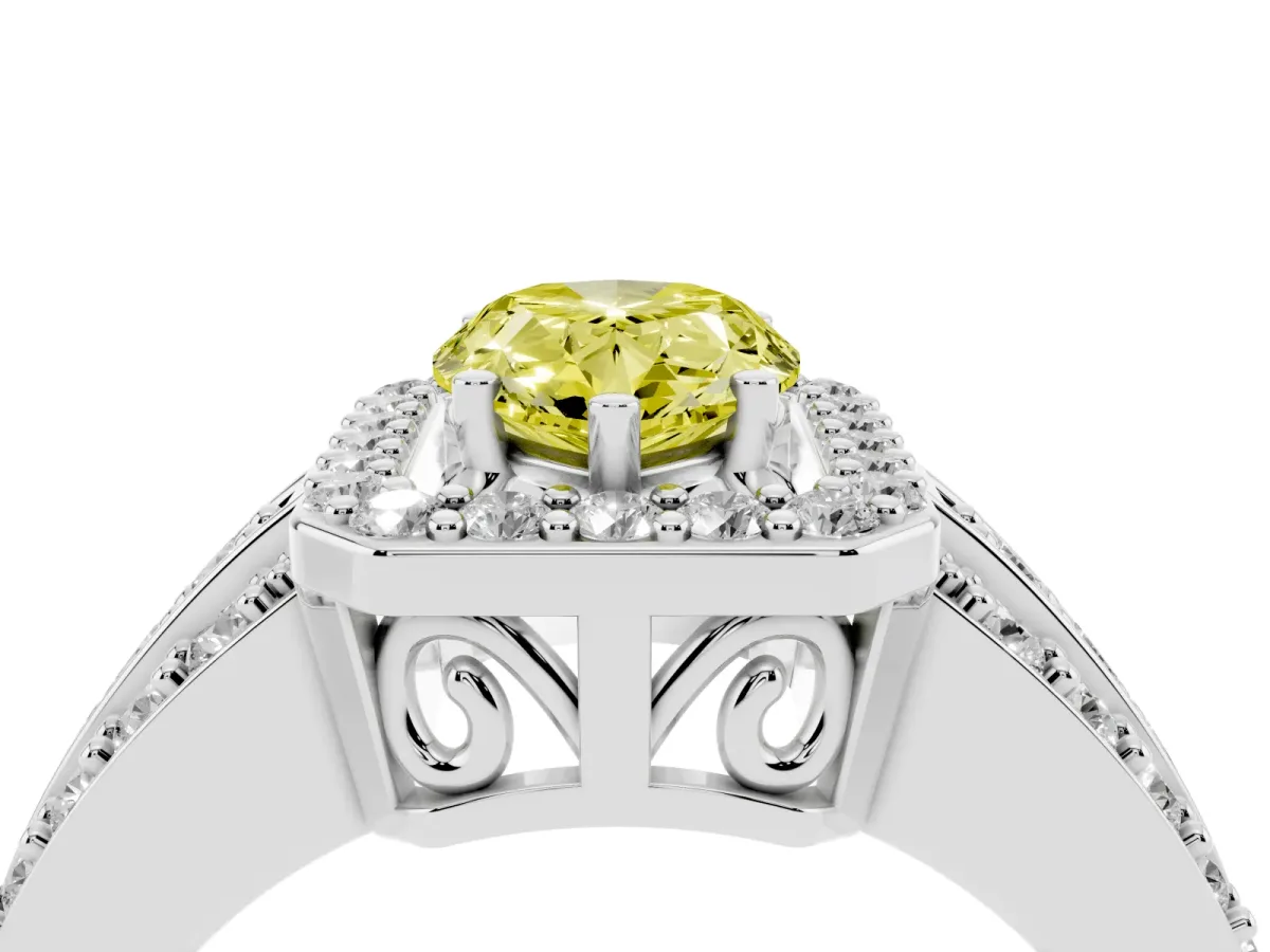 Fancy Yellow Pear Cut Halo Diamond Ring with Round Split Shank and Prong Setting Silver