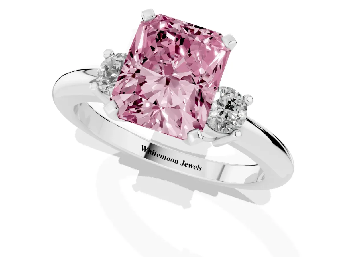 Fancy Pink Three-Stone Radiant Cut Cut Diamond Solitaire with Prong Setting and Classic Band Silver